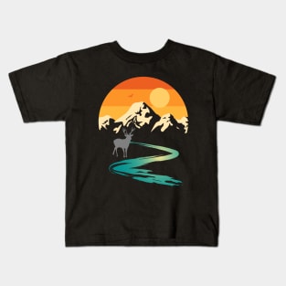 Sunset Mountain Stream with Deer Kids T-Shirt